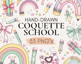 Coquette School Clipart, Pastel Pencils, Bows (33 PNGs) (Digital Download)