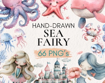Watercolor Mermaid Clipart, Sea Animals PNG (66 Files)