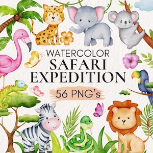 Aquarelle Safari Clipart, clipart animaux de chambre de bébé Shower de bébé, animaux mignons PNG, aquarelles d'animaux, décoration de bébé animal, animaux de la jungle PNG