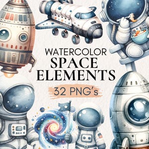 Bundle de cliparts espace aquarelle, clipart aquarelle vaisseau spatial, décoration chambre d'enfant espace, fusées et planètes PNG, décoration chambre d'enfant astronaute