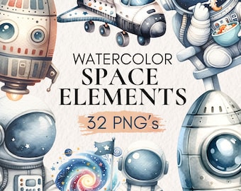 Watercolor Space Clipart Bundle, 32 PNG Graphics (Digital Download)