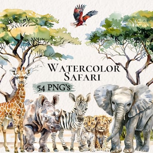 Aquarell Safari Tiere Clipart, Safari kinderzimmer Dekor, Dschungel Tiere Clipart, niedliche Tiere PNG, Baby Safari Tiere, Safari-Baby-Dusche