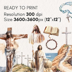 K&ouml;nnte beinhalten: Aquarellmalerei von Jesus Christus am Kreuz, mit einer Dornenkrone, einer Bibel und einem Hirten mit einem Schaf. Das Gem&auml;lde ist vor dem Hintergrund einer felsigen Klippe und eines blauen Ozeans.