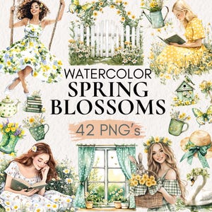 Watercolor Spring Planner Clipart, Cottagecore Book Lover PNG, Junk Journal Graphics, Reading Clipart, Floral Planner, Digital Download