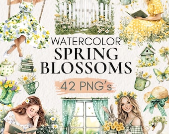 Watercolor Spring Blossoms Clipart, Cottagecore Planner Graphics (Digital Download)