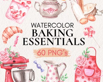 Watercolor Baking Clipart | Kitchen Tools PNG Set | Culinary Art Stand Mixer Whisk Graphic | Bakery Dessert Recipe Card Illustration Pack