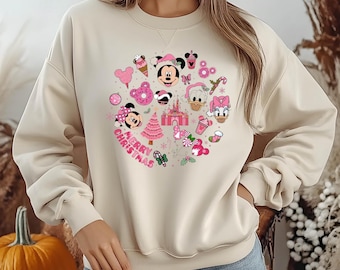 Sudadera navideña de Disney, camiseta navideña de Mickey y Minnie, sudadera navideña con castillo rosa, conjunto familiar de Disney, regalo festivo