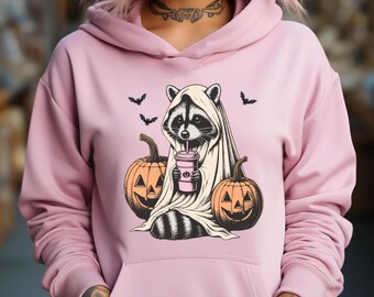 Sudadera con capucha de mapache fantasma para Halloween, bonito jersey otoñal espeluznante, sudadera con capucha de calabaza y café, regalo para mujeres amantes del otoño acogedor y el estilo divertido.