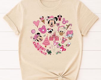 Camiseta navideña de Disney, linda camiseta navideña de Mickey y Minnie, camiseta navideña de castillo rosa, atuendo familiar de Disney, camiseta con estampado festivo