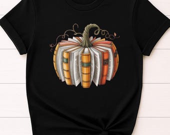 Camiseta de calabaza de libro, camiseta de lectura de otoño, camiseta de maestro de otoño, camiseta de calabaza de Halloween para amantes de los libros, regalo de atuendo acogedor para Acción de Gracias
