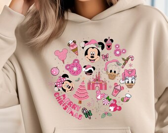 Sudadera navideña de Disney, linda sudadera navideña de Mickey y Minnie, sudadera navideña con castillo rosa, atuendo familiar de Disney, suéter festivo