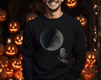 Sudadera de búho, camisa de búho de Halloween, ropa de búho nocturno, sudadera de luna y búho, ropa de búho espeluznante, regalo de amante del búho, camisa de búho de otoño,