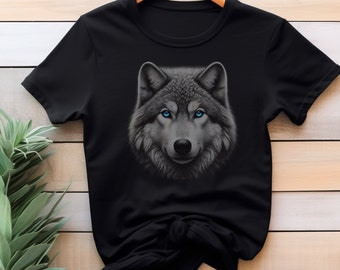 Camiseta de lobo con ojos azules - Camiseta gráfica de animales unisex - Camiseta de animal espiritual - Regalo para amantes de la naturaleza, hombres, mujeres y animales de vida silvestre.