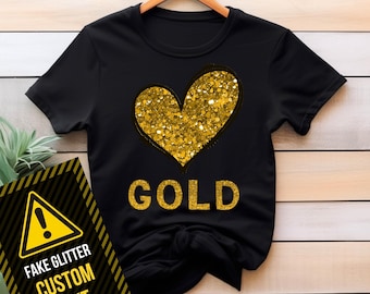 Camiseta personalizada con texto y purpurina dorada falsa, ideal para cumpleaños, Halloween, Navidad, fiestas universitarias y eventos especiales. Camiseta de regalo personalizada con nombre personalizado.