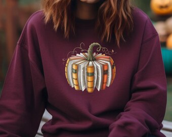 Sudadera de calabaza de libro, suéter de lectura de otoño, sudadera acogedora de otoño para maestros, suéter de Halloween para amantes de los libros, regalo de atuendo de Acción de Gracias