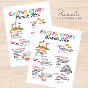May include: A printable Easter Story Snack Mix activity guide with colorful illustrations and scripture references. The guide includes a list of snacks and their symbolic meaning related to the Easter story. The snacks include pretzels, goldfish crackers, round crackers, marshmallows, and raisins.