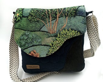 Messenger bag black velvet, textile bag, crossbody handbag, green pattern, tapestry fabric, birthday gift, square wallet, present for girl