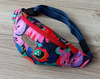 Compact fanny pack red flowers, kids travel essentials, tiny explorer's carryall, childs outdoor accessory mini travel purse, kids gift idea