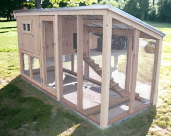 May include: A wooden chicken coop with a nesting box, a ramp, and a wire mesh enclosure. The coop has a slanted roof and a door on the side.