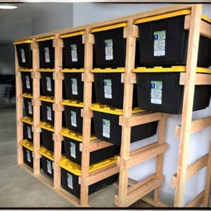 27 Gallon Tote Rack Plans, Tote Garage Storage Shelves, Organization Storage Plans, Basement Organizer, Lowes and Sams Club Totes Bag Holder