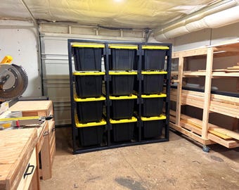 DIY Garage Storage Tote Rack Plans | Vertical Storage Bin Rack Guide | Overhead Garage Organization Woodworking | Space Saving Rack