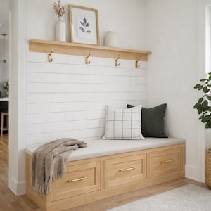 DIY マッドルームベンチの設計図（収納引き出し付き）、玄関脇ベンチの木工（PDF）