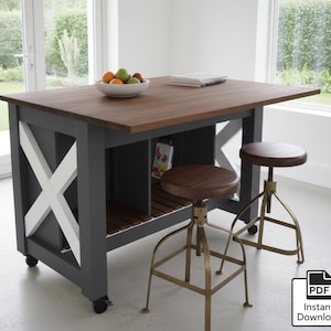 Plans d'îlot de cuisine à faire soi-même avec rangement | Support de bar portable en bois | Chariot de cuisine de ferme pour le travail du bois | Guide PDF de rénovation de cuisine