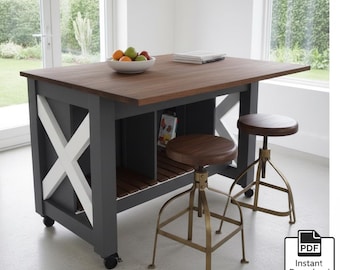 DIY Kitchen Island Plans with Storage | Portable Wooden Bar Stand Build | Farmhouse Kitchen Cart Woodworking | Kitchen Remodel PDF Guide