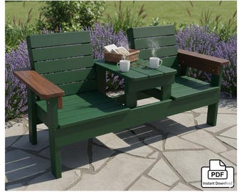 Planos de banco doble con mesa (PDF) / Banco de cedro para exterior de dos plazas (DIY) / Planos de carpintería / Plano de muebles de patio