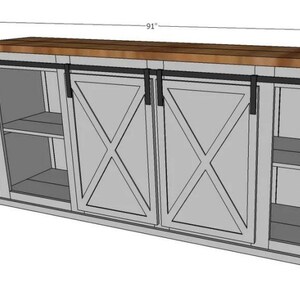 May include: A 91-inch wide, grey wooden cabinet with two sliding doors. The doors have an X-shaped design and black hardware. The cabinet has two shelves on each side and a wood top.