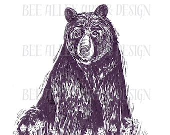 Black bear illustration, black and white animal art, original pen and ink, digital print, instant download