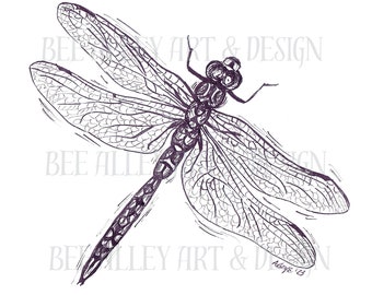 Ilustración de libélula en blanco y negro, pieza de arte original con pluma y tinta, impresión digital, descarga instantánea, vida silvestre e insectos