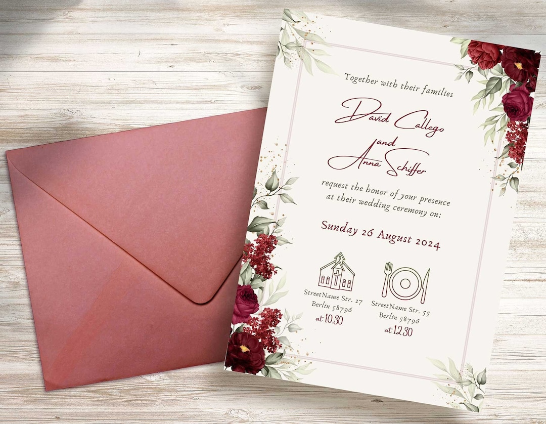 Red Floral Wedding Invitation Template, Editable Wedding Invitation ...