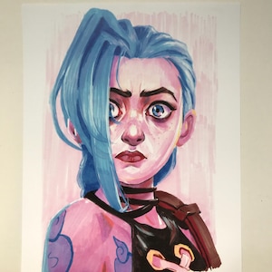 May include: A portrait illustration of a character with blue hair and blue eyes. The character is wearing a black top with a choker. The artwork has a pink and red colour palette.