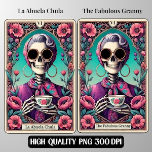Fabelhafte Oma Skelett Tarot Karte | Zweisprachiges Tarot PNG | Lustiges La Buela Chula Sublimationskunst-Englisch-spanisches Tarot-Design