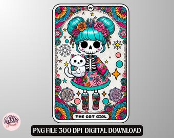 Cat Girl Tarot Card PNG: Skeleton Design (Instant Download)