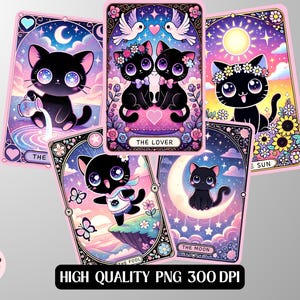 Cute Black Cat Tarot Card PNG Bundle | Major Arcana Set (The Fool, The Moon, The Star, The Lovers, The Sun) | Digital Download