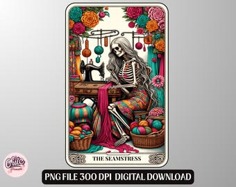 The Seamstress – Dia de los Muertos Skeleton Sewing Art, Colorful Yarn & Fabric PNG, Digital Download