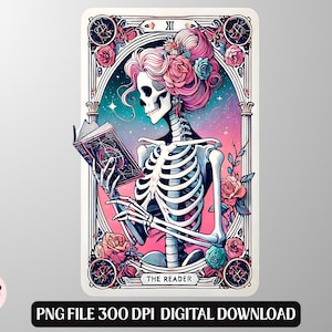 El Lector: Arte gótico pastel con esqueletos de libros, descarga digital PNG de brujas para tazas, camisetas y manualidades.