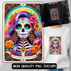 Dia de los Muertos Tarotkarte PNG, Zuckerschädel Lady Art, Mexikanischer Tag des Toten Tarot, Chicana Art, digitaler Download
