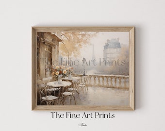 Paris Cafe Eiffel Tower View: Vintage Watercolor Art Print (Digital Download)