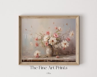 Vintage Floral Still Life Painting: Muted Farmhouse Print (Digital Download)