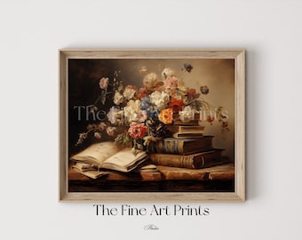 Antique Books Floral Still Life Painting: Rustic Cottagecore Decor (Digital Download)