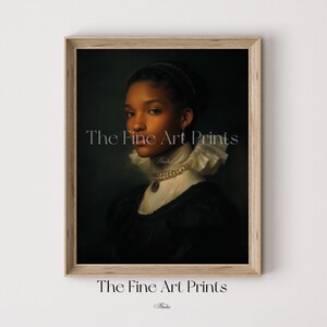 May include: A framed portrait of a person in a dark dress with a white ruffled collar and pearl necklace. The image has a vintage aesthetic, with the text "The Fine Art Prints" at the top and bottom.