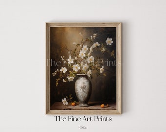 Vintage White Flower Still Life Painting: Farmhouse Floral Print (Digital Download)