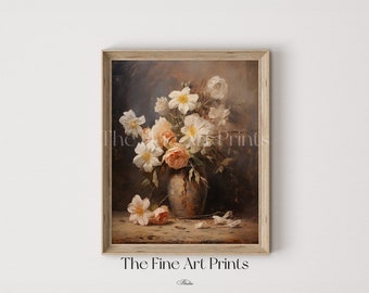 Rustic Floral Still Life Print: Vintage Flower Oil Painting (Digital Download)
