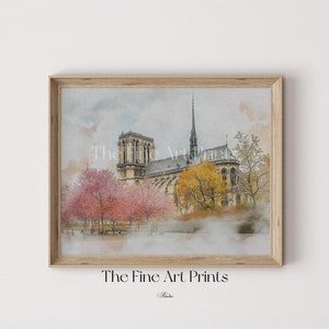 Impression numérique Notre-Dame de Paris | Art mural floraison printanière | Aquarelle cathédrale gothique | Poster vintage monument français | Art téléchargeable