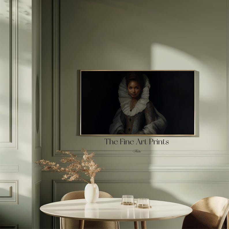 A moody digital Samsung Frame TV Art of a black woman with a regal expression, set against a dark, dramatic background, dressed in vintage aristocratic attire, featuring a ruffled lace collar, a richly embroidered gown, and layered pearl jewelry.