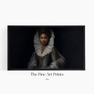 A moody digital Samsung Frame TV Art of a black woman with a regal expression, set against a dark, dramatic background, dressed in vintage aristocratic attire, featuring a ruffled lace collar, a richly embroidered gown, and layered pearl jewelry.