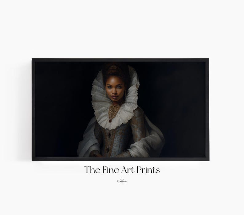 A moody digital Samsung Frame TV Art of a black woman with a regal expression, set against a dark, dramatic background, dressed in vintage aristocratic attire, featuring a ruffled lace collar, a richly embroidered gown, and layered pearl jewelry.